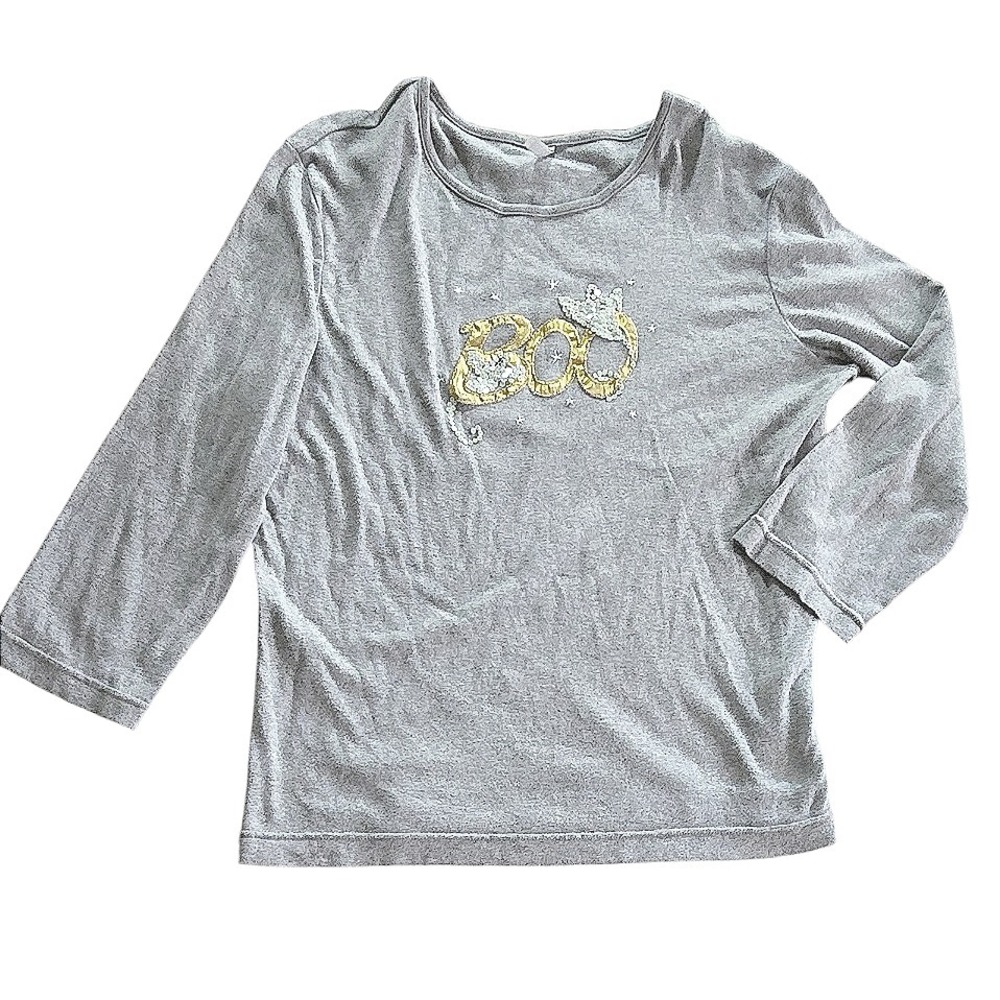 Women's L White Stag Gray Halloween Boo Ghost Sequin long sleeve Tee t-shirt top